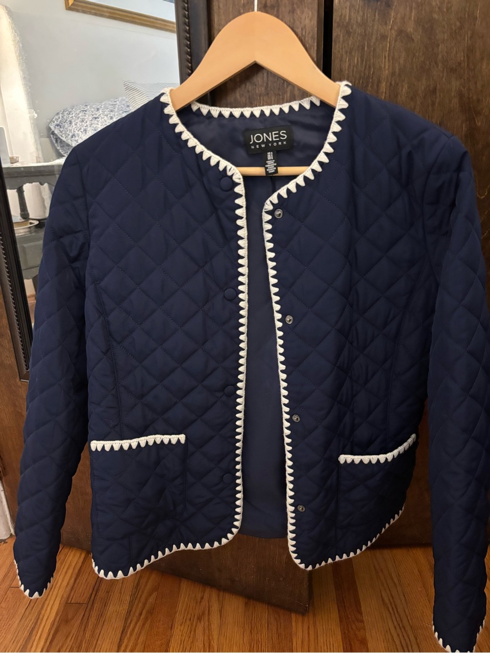 Jones New York Navy Quilted Bomber Jacket with White Trim